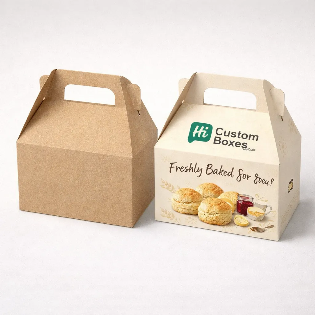 White and branded brown gable scone boxes featuring an integrated handle for easy carrying convenience. class=